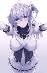  1girl ahoge breasts commentary_request corset elbow_gloves gloves grey_background grey_eyes grey_hair headband headgear highres kabocha_torute kantai_collection large_breasts looking_at_viewer one_side_up pantyhose pleated_skirt pov reaching reaching_towards_viewer school_uniform serafuku shirt skirt solo suzutsuki_(kancolle) white_gloves white_headband white_pantyhose white_shirt white_skirt 