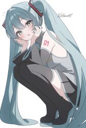  1girl :o bare_shoulders black_boots black_skirt black_sleeves blue_eyes blue_hair blue_necktie blush boots dated detached_sleeves double-parted_bangs full_body grey_shirt hair_between_eyes hasei_(hasei01) hatsune_miku highres long_hair long_sleeves looking_at_viewer miniskirt necktie notice_lines number_tattoo open_mouth pleated_skirt shirt shoulder_tattoo simple_background skirt sleeveless sleeveless_shirt solo squatting tattoo thigh_boots twintails twitter_username very_long_hair vocaloid white_background zettai_ryouiki 