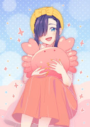 1girl blue_eyes blush crab doll dress gridman_universe gridman_universe_(movie) hair_over_one_eye highres holding holding_stuffed_toy long_hair looking_at_viewer nightgown nikonishi open_mouth pajamas pink_nightgown princess_(dynazenon) sitting smile solo stuffed_animal stuffed_crab stuffed_toy 