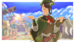  1girl ascot asymmetrical_hair belt blurry blurry_background book border brown_eyes brown_hair cannon clouds cloudy_sky coat day glasses green_coat green_hat guildmarm_(monster_hunter) hand_up hat hat_feather highres holding holding_book light_smile looking_at_viewer monster_hunter_(series) monster_hunter_4_g outdoors outside_border pinky_out red_ascot semi-rimless_eyewear shirt sky solo swept_bangs under-rim_eyewear upper_body user_ukaf4725 vest white_border white_shirt wide_sleeves 