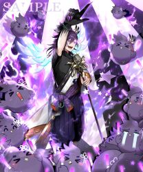  >_< 1boy banzoin_hakka banzoin_hakka_(1st_costume) bird black_hands black_nails black_shirt blue_eyes blush bracelet colored_extremities cowboy_shot crown_(artist) crying crystal_wings fang feather_hair_ornament feathers fingernails glowing glowing_eye glowstick hadanugi_dousa hair_ornament hakama hakama_pants hakkito_(banzoin_hakka) highres holding holding_glowstick holding_microphone holostars holostars_english japanese_clothes jewelry kimono long_hair male_focus microphone obi open_mouth pants penlight_(glowstick) pointing pointing_up ponytail purple_hair purple_hakama purple_nails purple_sash purple_theme sample_watermark sash sharp_fingernails shirt star_(symbol) streaming_tears tears virtual_youtuber watermark white_kimono wings 