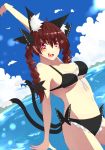  animal_ears bikini bow braid cat_ears clouds front-tie_top hair_bow heart heart_in_mouth jont kaenbyou_rin multiple_tails red_eyes redhead ribbon sky swimsuit tail touhou twin_braids water 