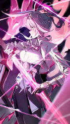  1girl animal_ears black_gloves black_pantyhose black_skirt breasts closed_mouth commentary_request cowboy_shot drawing_sword evanescia_(honkai:_star_rail) fox_ears fox_girl from_side gloves highres holding holding_sword holding_weapon honkai:_star_rail honkai_(series) jacket katana komupi medium_breasts pantyhose pink_hair profile ruler shirt short_hair_with_long_locks skirt smile solo sword violet_eyes weapon white_jacket white_shirt 