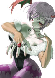  1girl absurdres alternate_universe animal_print bare_shoulders bat_print bat_wings black_leotard breasts bridal_gauntlets collarbone commentary_request darkstalkers demon_girl fur_trim gem hand_on_own_shoulder head_wings highleg highleg_leotard highres jewelry leotard lilith_(darkstalkers) looking_at_viewer morrigan_aensland nojob_hiro pantyhose print_pantyhose purple_hair purple_pantyhose red_eyes red_gem ring short_hair simple_background smile solo stitches tongue tongue_out when_you_see_it white_background wings 