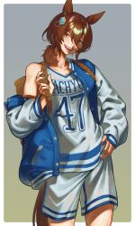  1girl absurdres agnes_tachyon_(boundless_laboratory)_(umamusume) agnes_tachyon_(umamusume) ahoge animal_ears backpack_basket basketball_jersey basketball_uniform blue_jacket blush breasts brown_hair collarbone hair_between_eyes highres horse_ears horse_girl horse_tail jacket jersey letterman_jacket long_sleeves medium_hair mujintou_png official_alternate_costume open_clothes open_jacket open_mouth red_eyes shorts single_bare_shoulder smile sportswear sweat tail teeth umamusume upper_teeth_only white_jersey white_shorts 