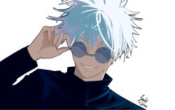  1boy absurdres adjusting_eyewear artist_name black_jacket blue_hair commentary english_commentary eyebrows_hidden_by_hair gojo_satoru hair_between_eyes high_collar highres jacket joadv jujutsu_kaisen looking_at_viewer male_focus portrait round_eyewear short_hair simple_background smile solo sunglasses teeth white_background white_hair 
