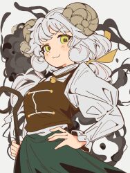 1girl absurdres bell commission curled_horns fantasy_maiden_wars frilled_skirt frills gensou_shoujo_taisen green_skirt hair_ribbon highres horns jingle_bell light_blush long_hair long_sleeves looking_at_viewer meeko_(gensou_shoujo_taisen) meeko_(touhou) pixiv_commission ponytail ribbon rotoi_1234 sheep_girl sheep_horns shepherd shepherd's_crook shirt shorts simple_background skirt solo touhou white_hair white_shirt white_shorts yellow_eyes yellow_footwear yellow_ribbon