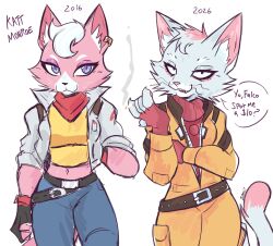  2girls :3 andy_ayala belt cat_girl cat_tail cigarette dual_persona facial_mark fingerless_gloves gloves highres holding holding_cigarette in-franchise_crossover katt_monroe loose_belt midriff multiple_girls navel pink_fur scarf slit_pupils smoking star_fox star_fox_(2026) star_fox_zero tail turtleneck violet_eyes whisker_markings white_fur white_hair 