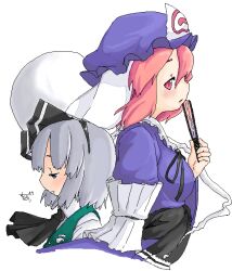  2girls black_ribbon blue_eyes blue_hat blue_kimono breasts ghost grey_hair hair_between_eyes hand_fan hand_up hat holding holding_fan japanese_clothes kimono konpaku_youmu light_blush muku_(muku-coffee) multiple_girls parted_lips pink_eyes pink_hair profile ribbon saigyouji_yuyuko shirt simple_background touhou upper_body white_background white_shirt 
