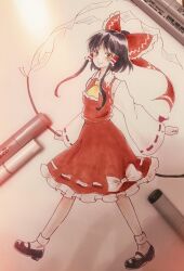  1girl alt_text art_tools_in_frame ascot black_hair black_shoes bow commentary_request detached_sleeves frilled_bow frilled_hair_tubes frilled_skirt frills full_body gohei hair_bow hair_tubes hakurei_reimu highres holding holding_gohei marker_(medium) mary_janes nontraditional_miko red_bow red_shirt red_skirt ribbon-trimmed_sleeves ribbon_trim sahanna shirt shoes short_hair short_hair_with_long_locks sidelocks simple_background skirt sleeveless sleeveless_shirt socks solo touhou traditional_media walking white_background white_socks yellow_ascot 