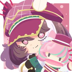  1girl animal_ears bow brown_hair chibi closed_mouth ear_covers ears_through_headwear green_bow hair_between_eyes hand_puppet hat highres horse_ears horse_girl jacket looking_at_viewer marche_lorraine_(racing)_(umamusume) marche_lorraine_(umamusume) mismatched_ear_covers portrait puppet shinsei_tomato short_hair smile solo umamusume violet_eyes white_jacket 
