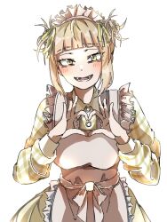  1girl apron bags_under_eyes blonde_hair blunt_bangs blush boku_no_hero_academia bow breasts commentary_request double_bun dress enmaided fangs finger_heart frilled_apron frills hair_bun highres long_sleeves looking_at_viewer maid maid_apron maid_day maid_headdress messy_hair open_mouth pink_apron ry46z short_hair sidelocks smile solo teeth toga_himiko yellow_eyes 