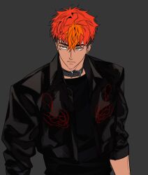  1boy black_choker black_jacket black_shirt choker daengya666 dark-skinned_male dark_skin ear_piercing eyebrow_piercing face_piercing green_eyes grey_background jacket looking_to_the_side male_focus multicolored_hair open_clothes orange_hair paradox_live piercing red_hair scar scar_on_cheek scar_on_face shirt short_hair simple_background solo spiky_hair tosa_ryoga undercut upper_body 