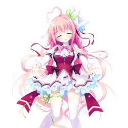  1girl ahoge back_bow black_bow blush bow bowtie breasts buttons closed_eyes dress feet_out_of_frame game_asset green_ribbon hair_ribbon haru_haru_(koikoko) heart heart_ahoge highres juliet_sleeves koi_suru_kokoro_to_mahou_no_kotoba large_breasts large_variant_set leg_ribbon long_hair long_sleeves non-web_source open_mouth outstretched_arms pink_bow pink_bowtie pink_hair puffy_sleeves red_bow red_vest ribbon self-datamine shiromochi_sakura shirt short_dress simple_background single_hair_intake solo standing star_(symbol) thigh-highs transparent_background variant_set vest white_shirt white_thighhighs zettai_ryouiki 