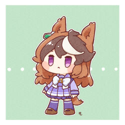  ... 1girl :< animal_ears bow bowtie brown_hair chibi closed_mouth commentary_request full_body grey_background highres horse_ears horse_girl horse_tail long_hair mon_momu pink_eyes purple_skirt purple_thighhighs school_uniform skirt solo symboli_rudolf_(umamusume) tail thigh-highs tracen_school_uniform umamusume white_bow white_bowtie 