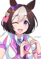  1girl absurdres animal_ears blush bow braid brown_hair collared_shirt commentary_request ear_bow ear_ribbon half_up_braid heart heart_hands highres horse_ears horse_girl jacket looking_at_viewer multicolored_hair one_eye_closed open_mouth purple_bow purple_ribbon purple_vest ribbon shirt short_hair short_sleeves simple_background smile special_week_(special_dreamer)_(umamusume) special_week_(umamusume) teeth two-tone_hair umamusume upper_body upper_teeth_only vest violet_eyes white_background white_hair white_jacket white_shirt wristband yasaka_(rwrk4222) 