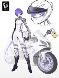  1girl biker_clothes bikesuit bodysuit character_charm charm_(object) cissia_(zenless_zone_zero) commentary_request copyright_logo english_commentary hair_over_one_eye helmet highres holding holding_unworn_helmet logo long_hair mixed-language_commentary motor_vehicle motorcycle motorcycle_helmet parted_lips promeia_(zenless_zone_zero) purple_hair unworn_headwear unworn_helmet very_long_hair violet_eyes white_background yuanweijjjj zenless_zone_zero 