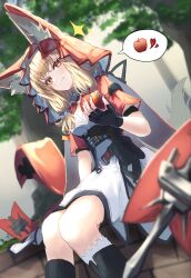  1girl animal_ears apple arknights arknights:_endfield black_gloves blonde_hair boots closed_mouth dress fingerless_gloves food fruit gloves highres holding holding_food holding_fruit hood kurosabi_neko outdoors rossi_(arknights) short_sleeves sitting solo spoken_food spoken_object tail wolf_ears wolf_girl wolf_tail 