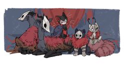  aaasakawa animal_ear_fluff animalization antennae black_cloak black_eyes black_fur brumm_(hollow_knight) cat cloak commentary_request divine_(hollow_knight) grey_mask grimm_(hollow_knight) grimmsteed_(hollow_knight) half_mask highres hollow_knight licking_paw mask one_eye_closed recursive_animalization red_eyes red_fur white_mask 