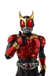 1boy absurdres arcle_(kuuga) armor black_bodysuit black_gloves bodysuit bracelet breastplate commentary compound_eyes forehead_jewel gem gloves glowing glowing_eyes gold_bracelet gold_horns gold_trim hand_up highres horns jewelry kamen_rider kamen_rider_kuuga kamen_rider_kuuga_(mighty_form) kamen_rider_kuuga_(series) looking_at_viewer male_focus open_hand pectorals red_armor red_eyes red_gem rider_belt shoulder_armor simple_background solo standing thumbs_up tokusatsu tokusatsushima toned toned_male upper_body white_background