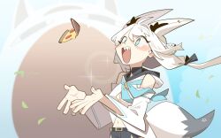  1girl absurdres ahoge animal_ear_fluff animal_ear_piercing animal_ears belt blue_neckerchief blurry blurry_background blush_stickers braid cocomayo29_(tomato) colored_inner_animal_ears detached_sleeves floating_hair food fox_ears fox_girl fox_tail highres hololive long_hair miteiru_(shirakami_fubuki) navel neckerchief open_mouth pizza sharp_teeth shirakami_fubuki shirt single_braid smile tail teeth virtual_youtuber white_shirt wind 