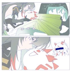  2girls arknights arknights:_endfield censored censored_identity commentary dragon_bean_(arknights) dragon_girl dragon_horns green_hair hamha_s horns in-franchise_crossover multiple_girls nian_(arknights) tail tongue tongue_out white_hair zhuang_fangyi_(arknights) 
