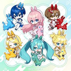  2boys 4girls :d ;d animal_ears aqua_eyes aqua_hair beret black_socks black_thighhighs blonde_hair blue_eyes blue_hair bow brown_eyes brown_hair chibi chibi_only commentary_request double-parted_bangs dress full_body grin hair_between_eyes hair_bow hairband hat hatsune_miku kagamine_len kagamine_rin kaito_(vocaloid) long_hair megurine_luka meiko_(vocaloid) mini_hat multiple_boys multiple_girls nokachoco114 official_art one_eye_closed pants pink_hair pleated_skirt puffy_short_sleeves puffy_sleeves sample_watermark shirt shoes short_sleeves shorts skirt smile socks spiky_hair striped_clothes striped_dress striped_shorts striped_skirt teeth thigh-highs twintails very_long_hair vocaloid watermark white_bow white_dress white_hairband white_hat white_pants white_shirt white_shoes white_shorts white_skirt 