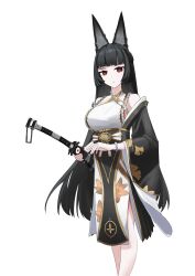  1girl absurdres animal_ear_fluff animal_ears bare_shoulders black_dress black_hair bluemoo0n0 breasts closed_mouth commentary_request dress flower fox_ears fox_girl hair_ornament highres holding holding_sword holding_weapon hoshimi_miyabi hoshimi_miyabi_(dignified_blossom) japanese_clothes katana long_hair looking_at_viewer official_alternate_costume red_eyes simple_background solo sword two-tone_dress weapon white_background white_dress white_flower zenless_zone_zero 