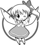 blush bow chibi daiyousei dress hair_bow hands_together michii_yuuki monochrome open_mouth side_ponytail smile solo touhou wings wink 