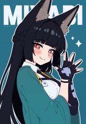  1girl absurdres animal_ear_fluff animal_ears aqua_background aqua_jacket black_gloves black_hair black_necktie blunt_bangs blush character_name closed_mouth commentary fingerless_gloves fox_ears gloves hair_intakes highres hoshimi_miyabi jacket long_hair looking_at_viewer magikflaan necktie outline own_hands_together red_eyes shirt sidelocks simple_background smile solo sparkle twitter_username upper_body very_long_hair white_outline white_shirt zenless_zone_zero 