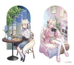  2girls :d animal_ears black_shoes black_shorts black_skirt blonde_hair blue_eyes blue_skirt blue_streaks brooch camisole closed_mouth commentary_request crop_top crossed_bangs cup dog_ears dog_girl dog_tail frilled_shirt frills fuwawa_abyssgard grey_shorts hair_between_eyes hair_bun handheld_game_console holding holding_cup holding_handheld_game_console hololive hololive_english jacket jewelry long_hair long_sleeves looking_at_viewer midriff mococo_abyssgard multicolored_hair multiple_girls navel ne-on off_shoulder official_art open_mouth pink_eyes pink_jacket pink_slippers pink_streaks puffy_long_sleeves puffy_sleeves sample_watermark shirt shirt_tucked_in shoes shorts siblings side_up_bun single_hair_bun sisters sitting skirt slippers smile socks streaked_hair tail teacup thigh-highs tiered_tray twins virtual_youtuber watermark white_camisole white_shirt white_socks white_thighhighs 