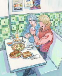  2boys alternate_costume arm_tattoo blonde_hair blue_eyes blue_jacket blue_pants booth_seating bowl bracelet bunnyclvb chain chain_necklace closed_mouth commentary contemporary crossed_arms cup denim drink drinking_glass drinking_straw earrings english_commentary food fork grey_hair hair_between_eyes holding holding_cup honkai:_star_rail honkai_(series) ice ice_cube indoors jacket jeans jewelry looking_at_another looking_at_object male_focus medium_hair multiple_boys mydei_(honkai:_star_rail) neck_tattoo necklace open_mouth pants parted_bangs pepper_shaker phainon_(honkai:_star_rail) plate poster_(object) red_shirt red_tattoo restaurant salt_shaker sandwich shirt short_hair sitting skewer sleeveless sleeveless_shirt sleeves_rolled_up spoon table table_knife tattoo tile_wall tiles watch watch 