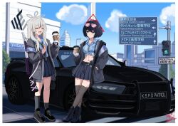 2girls abs black_hair black_jacket black_necktie black_shoes black_socks black_thighhighs blue_archive blue_boots blue_eyes blue_shirt blue_sky boots car city closed_eyes closed_mouth commentary cup disposable_coffee_cup disposable_cup dodge_charger english_commentary floral_print_shirt grey_hair grey_halo gun halo holding holding_cup holding_gun holding_weapon jacket kneehighs konoka_(blue_archive) long_sleeves mask melissa_v2 midriff motor_vehicle mouth_mask multiple_girls muscular muscular_female navel necktie open_clothes open_jacket open_mouth original police_car red_halo shirt shoes shotgun single_kneehigh single_sock sky smile sneakers socks thigh-highs tied_shirt weapon white_mask