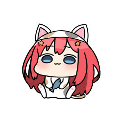  1girl :3 akino_ell animal animal_costume animal_ears animal_hood blue_eyes blush cat_costume cat_ears cat_hood cat_tail chibi closed_mouth fish full_body go-toubun_no_hanayome hair_ornament holding holding_animal hood hood_up long_hair nakano_itsuki red_hair simple_background sitting solo star_(symbol) star_hair_ornament tail very_long_hair white_background 
