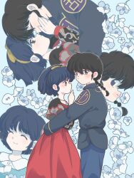  1boy 1girl ^_^ arm_around_another's_back black_hair blue_background blue_eyes blue_hair blue_pants bow braid brown_eyes chinese_clothes closed_eyes closed_mouth commentary_request cosplay floral_background hair_bow hairband hand_on_another's_cheek hand_on_another's_face hetero honey_wacca imminent_kiss juliet_capulet juliet_capulet_(cosplay) juliet_sleeves long_sleeves pants puffy_sleeves ranma_1/2 saotome_ranma saotome_ranma_(male) scene_reference short_hair single_braid smile tendou_akane yellow_bow yellow_hairband 