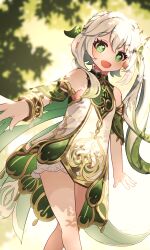  1girl bloomers bracelet braid breasts commentary_request cross-shaped_pupils dress genshin_impact gold_bracelet green_eyes green_hair hair_between_eyes hair_intakes hair_ornament jewelry leaf_hair_ornament long_hair looking_at_viewer multicolored_hair nahida_(genshin_impact) pointy_ears shaku_(syak_18) short_sleeves side_ponytail sleeveless sleeveless_dress small_breasts smile solo streaked_hair symbol-shaped_pupils white_dress white_hair 