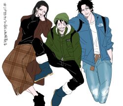  1girl 2boys belt black_hair black_pants blue_eyes blue_jacket boots brown_skirt coat commentary_request eyelashes freckles green_coat hat jacket long_hair looking_at_viewer mike_(tomatomato244) monkey_d._luffy multiple_boys nico_robin one_eye_closed one_piece pants portgas_d._ace scar scar_on_face short_hair simple_background skirt smile turtleneck white_background 