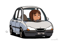  1girl artist_name brown_hair car chibi closed_eyes closed_mouth commentary_request driving hagiwara_yukiho idolmaster idolmaster_(classic) kayatsu_urotoma motor_vehicle short_hair signature simple_background solo vehicle_request white_background white_car 