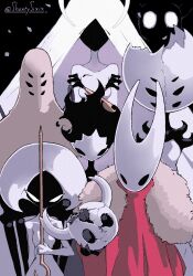  6+others absurdres arthropod_girl artist_name black_background black_skin blank_eyes breasts bug cape cloak colored_skin crack crossed_arms crown fewer_digits first_sinner_(hollow_knight) fur-trimmed_cloak fur_collar fur_trim grand_mother_silk_(hollow_knight) high_collar highres holding holding_weapon hollow_eyes hollow_knight hollow_knight:_silksong hornet_(hollow_knight) horns joints knight_(hollow_knight) lace_(hollow_knight) long_hair looking_at_viewer mask monster_girl multiple_girls multiple_others needle phantom_(hollow_knight) red_cape red_cloak shaded_face shantysixix simple_background skull standing sword twitter_username upper_body very_long_hair viltrumite_clothes void_entity_(hollow_knight) weapon white_cloak white_eyes white_hair white_skin widow_(hollow_knight) 