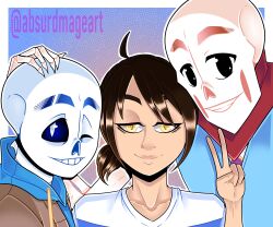  1other 2020 2boys 2d abstract_background absurdmage absurdres aged_up ahoge ambiguous_gender blue_background blue_hoodie blue_shirt blue_stripes border breast_pocket brothers brown_cardigan brown_hair cardigan commentary digital_media drawstring english_commentary frisk_(undertale) gradient_background hand_on_another's_head height_difference highres hollow_eyes hood hood_down hoodie horizontal-striped_clothes human humanoid long_sleeves male monster monster_boy multicolored_background multiple_boys one_eye_closed open_cardigan open_clothes orange_background outline papyrus_(undertale) portrait red_scarf sans_(undertale) scarf shirt short_hair short_sleeves siblings skeleton striped_clothes striped_shirt teeth trio two-tone_shirt undead undertale utdr_(toby_fox) v_neck white_border white_outline white_shirt yellow_eyes 