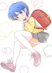  1girl absurdres backpack bag blue_eyes blue_hair closed_mouth commentary_request grey_skirt highres jikkyou_powerful_pro_yakyuu nagumo_rurika neck_ribbon pawahotel3021 pink_shoes power_pro-kun_pocket power_pro-kun_pocket_dash randoseru red_ribbon ribbon shirt shoes skirt solo sweater_vest thigh-highs white_shirt white_thighhighs yellow_sweater_vest 