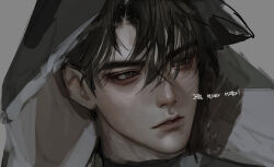  1boy black_cloak black_hair black_hood cloak close-up green_eyes grey_background hair_between_eyes highres hood hood_up korean_text looking_to_the_side male_focus meltoring monochrome original painterly pale_skin pointy_ears portrait short_hair simple_background slit_pupils solo translation_request 