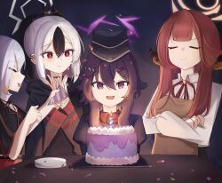  4girls absurdres apron aru_(blue_archive) birthday black_choker black_hair black_hoodie black_horns black_jacket blue_archive bright_pupils brown_apron brown_horns cake candle candlelight choker closed_eyes closed_mouth collared_shirt commentary_request confetti crossed_arms demon_horns earclip food garrison_cap grey_halo hair_ornament hairclip hakotheboxxx halo haruka_(blue_archive) hat highres holding holding_party_popper hood hoodie horns jacket kayoko_(blue_archive) long_sleeves low_horns multicolored_hair multiple_girls mutsuki_(blue_archive) neck_ribbon no_coat open_mouth orange_halo party_popper ponytail problem_solver_68_(blue_archive) proud purple_hair purple_halo purple_jacket red_eyes red_hair red_ribbon red_shirt ribbon shirt short_sleeves smile table two-tone_hair violet_eyes white_hair white_pupils white_shirt 