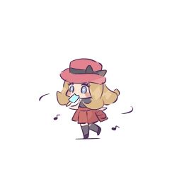  1girl black_bow black_shirt black_shoes black_thighhighs blonde_hair blue_eyes bow chibi chibi_only commentary_request eyelashes food food_in_mouth hat hat_bow highres long_hair musical_note pokemon pokemon_x_and_y popsicle popsicle_in_mouth ramuawa red_hat red_skirt serena_(pokemon) shirt shoes skirt sleeveless sleeveless_shirt solo standing standing_on_one_leg thigh-highs 