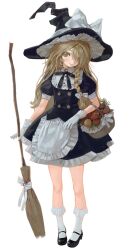  1girl adapted_costume apron basket black_bow black_bowtie black_hat black_shoes black_skirt blonde_hair bow bowtie braid broom buttons chinese_commentary closed_mouth commentary_request double-breasted full_body gloves hair_bow hat hat_bow highres holding holding_broom kirisame_marisa kofi-mo long_hair looking_at_viewer mary_janes mushroom shoes side_braid simple_background single_braid skirt smile socks solo touhou waist_apron white_apron white_background white_bow white_gloves white_socks witch_hat yellow_eyes 