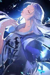  1girl blue_background blue_eyes commentary cyrushisa drawstring english_commentary final_fantasy final_fantasy_xiv from_side half-closed_eyes hand_up highres long_hair looking_at_viewer mask mask_around_neck robe solo sophist's_robe_(ff14) unworn_mask upper_body venat_(ff14) white_hair white_robe 