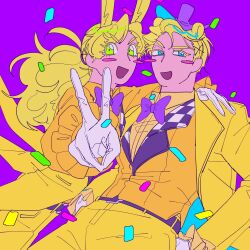  animal_ears arm_around_shoulder bear_ears blue_eyes blush_stickers bow bowtie commentary confetti five_nights_at_freddy's fredbear_(fnaf) gloves green_eyes hat highres humanization jacket long_hair open_mouth pants ponytail purple_background purple_bow purple_bowtie purple_hat rabbit_ears shirt short_hair smile spring_bonnie_(fnaf) very_short_hair white_gloves yellow_jacket yellow_pants yellow_shirt yu_(user_yubyul) 