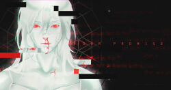  1girl ariane_yeong bandaid bandaid_on_cheek bandaid_on_face bandaid_on_forehead bandaid_on_nose black_background blood blood_on_face colored_skin commentary copyright_logo english_commentary english_text expressionless glitch logo long_hair meg_greeny520 nosebleed portrait red_eyes signalis solo straight-on white_hair white_skin 