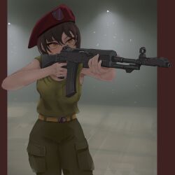  1girl absurdres aiming an-94 assault_rifle belt beret commentary english_commentary green_tank_top gun hat highres holding holding_weapon kalashnikov_rifle kuba_world military_uniform original pants rifle short_hair solo standing tank_top weapon weapon_request yellow_eyes 
