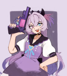  1girl absurdres aqua_eyes black_choker choker collarbone commentary dress english_commentary eyelashes facial_mark fang fingernails gun hair_between_eyes hand_on_own_hip heart highres holding holding_gun holding_weapon horns kart_prowler long_hair moudoku_denpa_shoujo_purple_lollipop nail_polish needy_girl_overdose open_mouth puffy_short_sleeves puffy_sleeves purple_dress purple_hair purple_nails short_sleeves smile solo square_pupils star_(symbol) star_facial_mark teeth upper_teeth_only violet_eyes weapon 